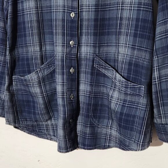 Free People Stevie's Embellished Blue Gray S Plaid Button Down Flannel Pockets - Picture 3 of 5